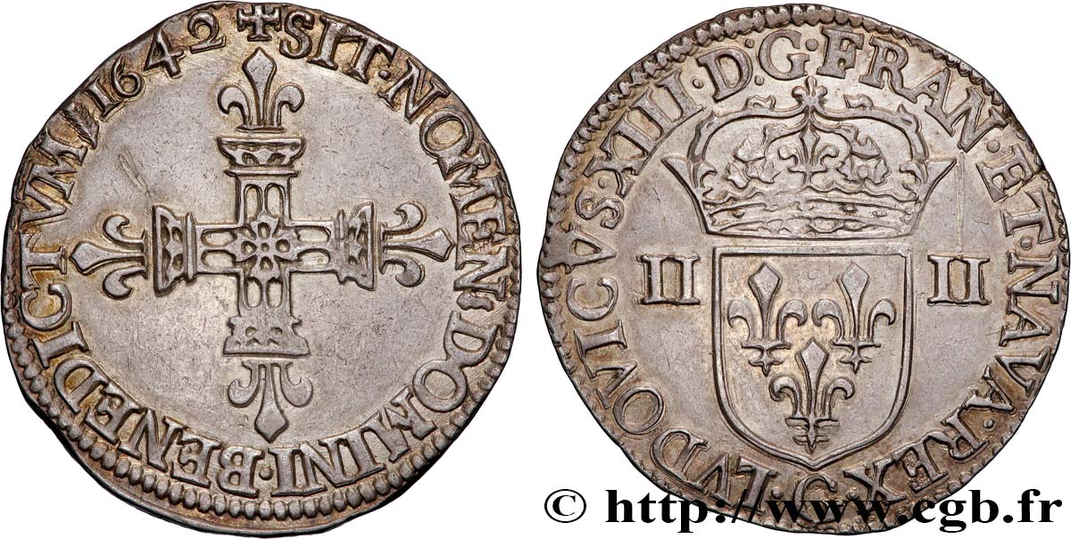 LOUIS XIII  Quart d écu, à la croix fleurdelisée, titulature côté écu 1642 Poitiers VZ