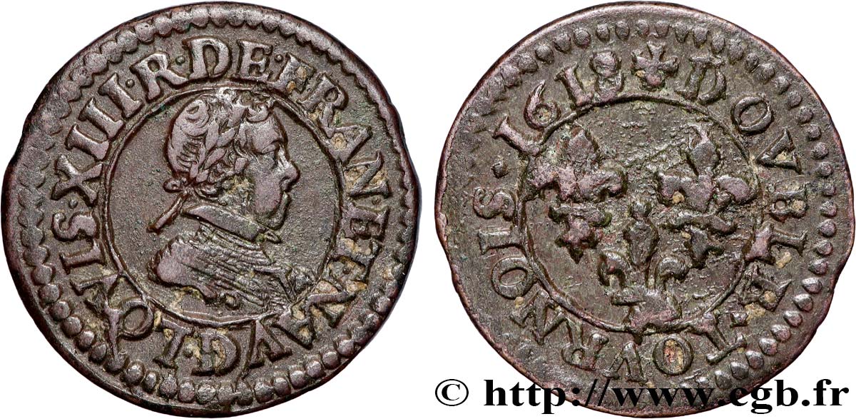 LOUIS XIII  Double tournois, type 4 1618 Lyon MBC+/MBC