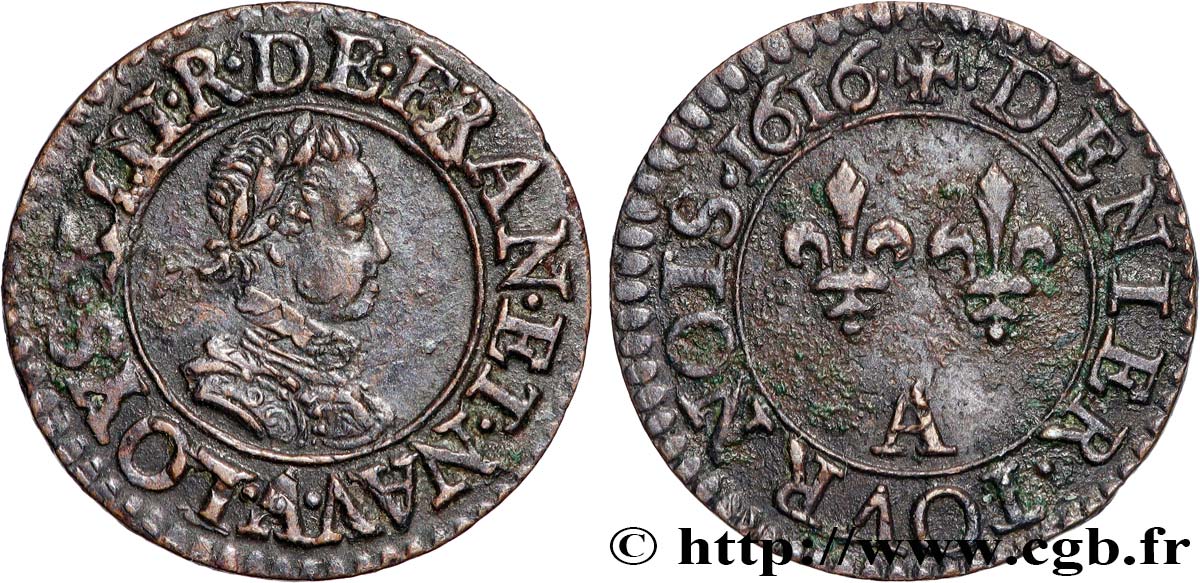 LOUIS XIII  Denier tournois, buste lauré avec petit col plat rabbatu 1616 Paris q.SPL