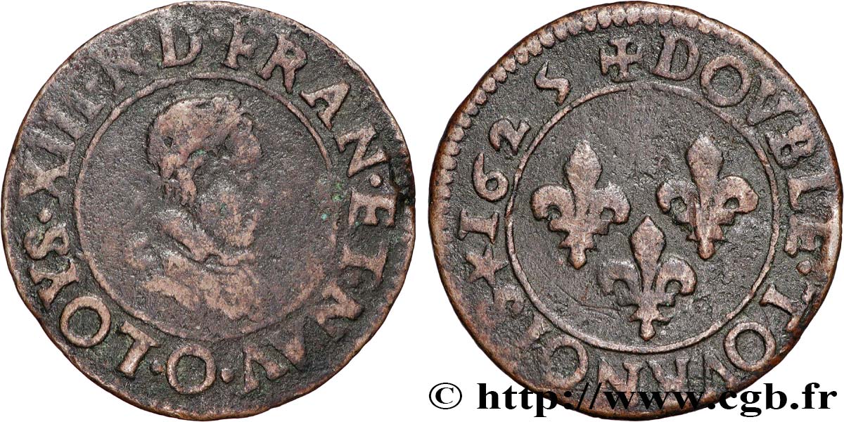 LOUIS XIII Double tournois, type 3 1625 Riom VF