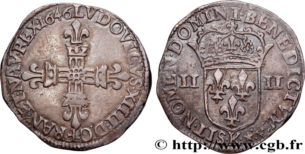 LOUIS XIV  THE SUN KING  Quart d écu, titulature côté croix 1646 Bordeaux XF/AU