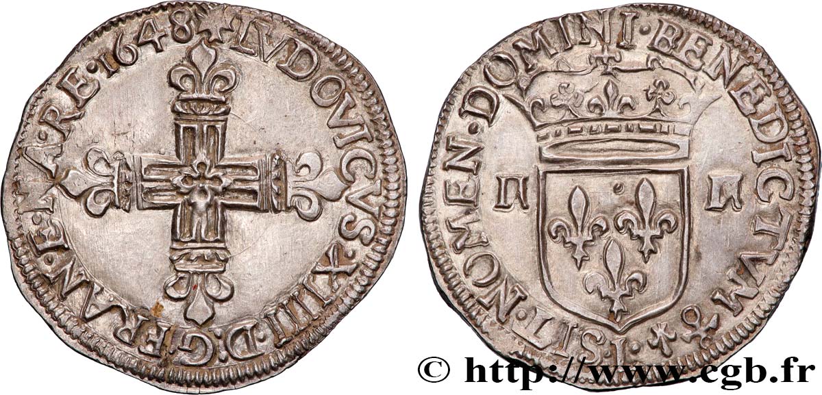 LOUIS XIV  THE SUN KING  Quart d écu, titulature côté croix 1648 Bayonne VZ