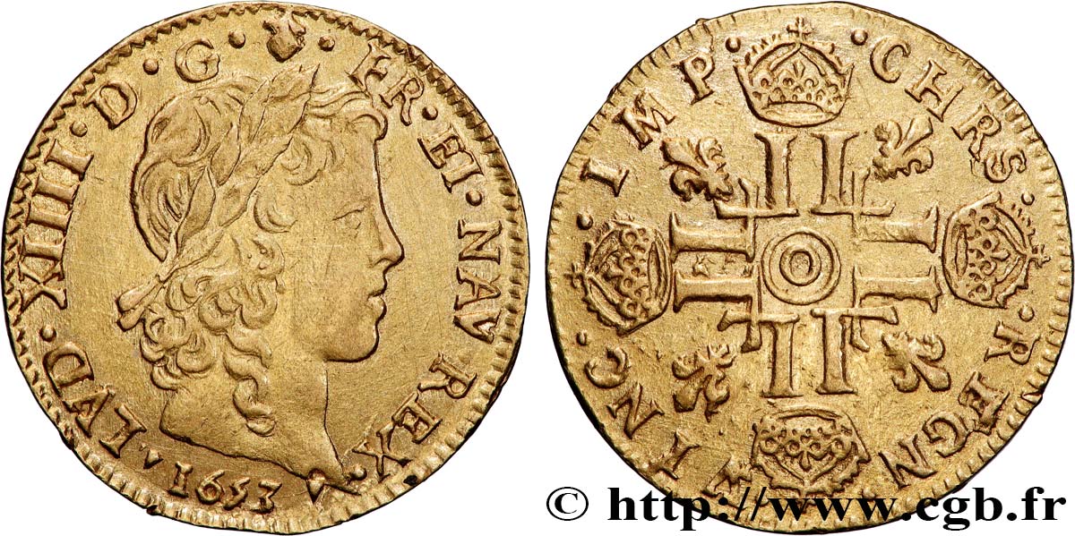 LOUIS XIV  THE SUN KING  Louis d’or aux huit L, portrait à la mèche longue 1653 Riom AU