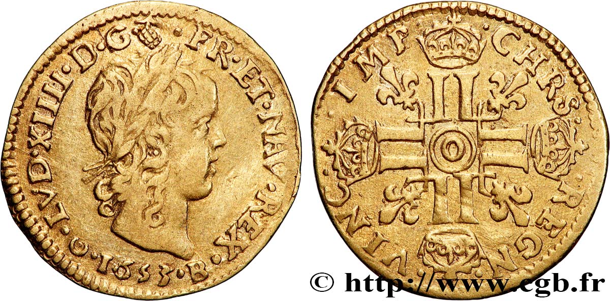 LOUIS XIV  THE SUN KING  Demi-louis d’or aux huit L, portrait à la mèche longue 1653 Riom VF/XF