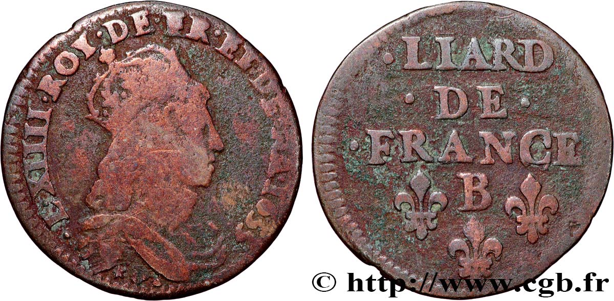 LOUIS XIV  THE SUN KING  Liard de cuivre, 2e type 1655 Pont-de-l’Arche VF/VF