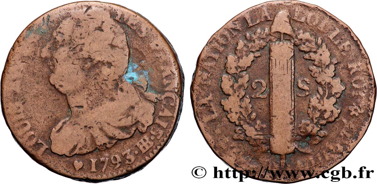 LOUIS XVI 2 sols dit  au faisceau , type FRANÇAIS 1793 Strasbourg VF