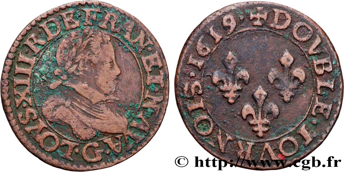 LOUIS XIII  Double tournois, type 2 de Poitiers 1619 Poitiers BC+