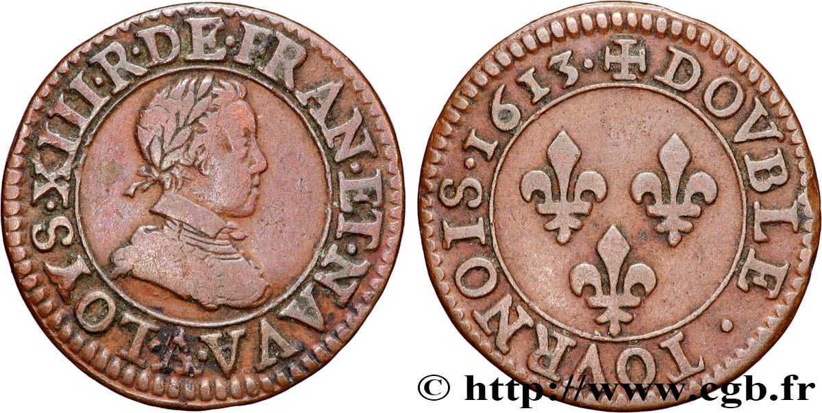 LOUIS XIII  Double tournois, type 1 1613 Paris, Moulin du Louvre XF