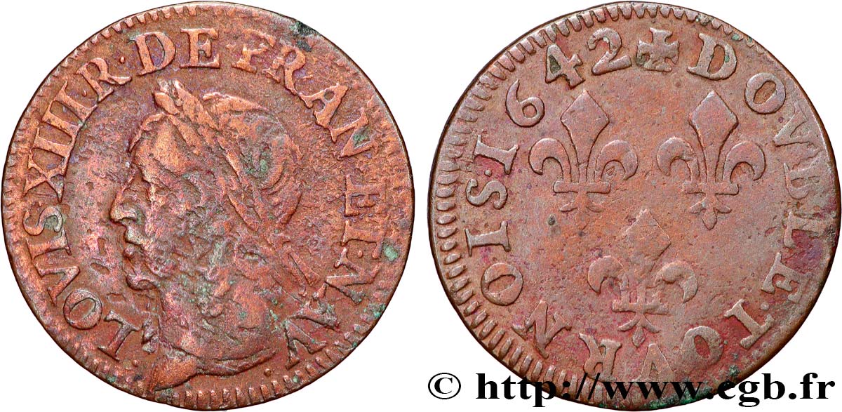 LOUIS XIII  Double tournois à la vieille tête, type de Warin 1642 Atelier indéterminé VF