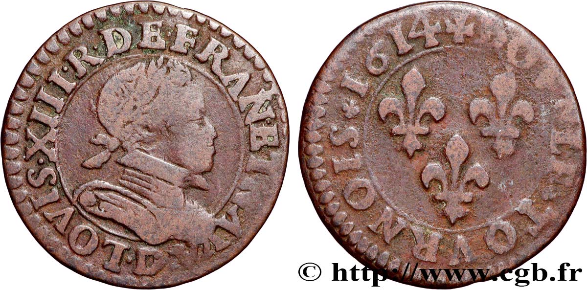 LOUIS XIII  Double tournois, type 3 1614 Lyon q.BB