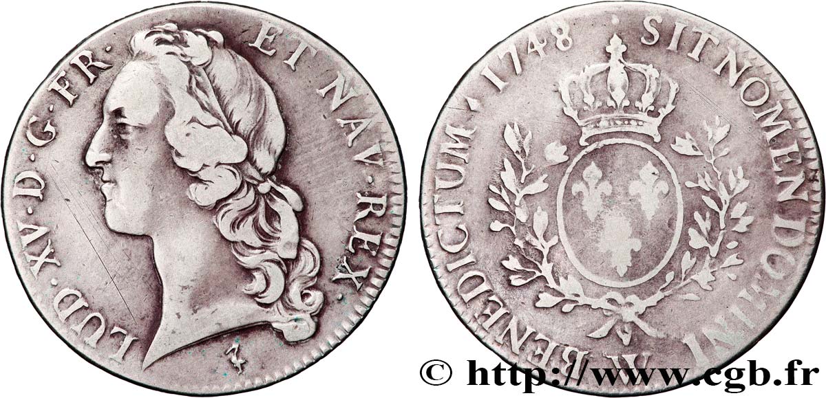 LOUIS XV THE BELOVED Écu aux branches d’olivier, tête ceinte d’un bandeau 1748 Lille VF