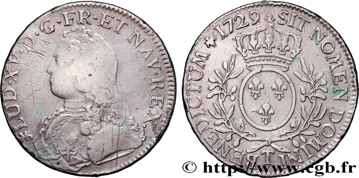 LOUIS XV THE BELOVED Écu dit “aux branches d olivier” 1729 Nantes VF/XF