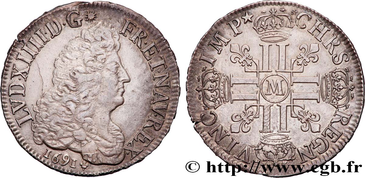 LOUIS XIV  THE SUN KING  Écu aux huit L, 1er type 1691 Toulouse EBC