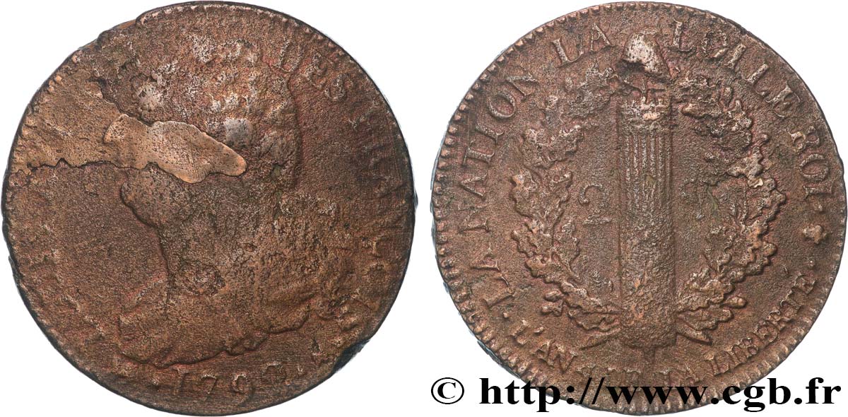 LOUIS XVI (MONARQUE CONSTITUTIONNEL)  2 sols dit &nbsp;au faisceau&nbsp;, type FRANÇOIS 1792 Paris TB