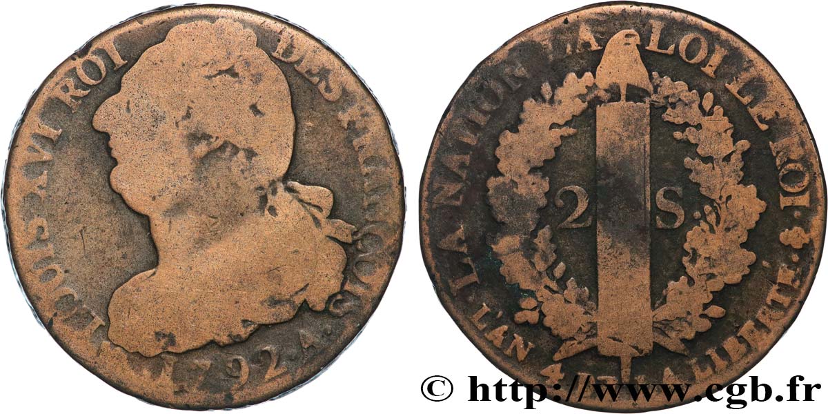 LOUIS XVI 2 sols dit  au faisceau , type FRANÇOIS 1792 Paris VF
