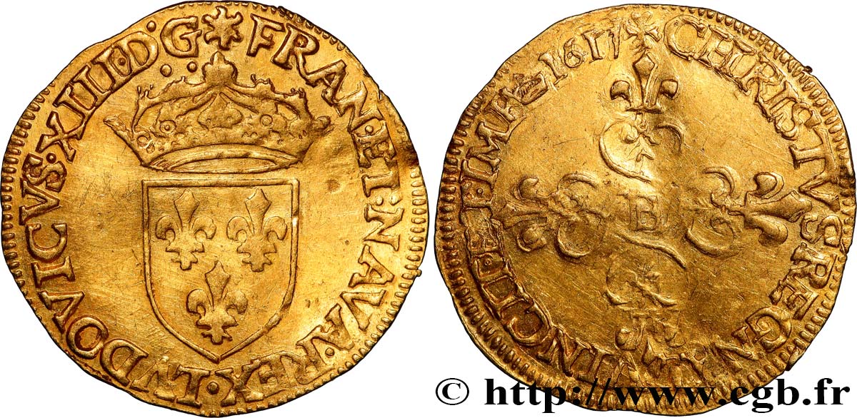 LOUIS XIII  Écu d or au soleil, à la croix anillée fleurdelisée 1617 Rouen SS