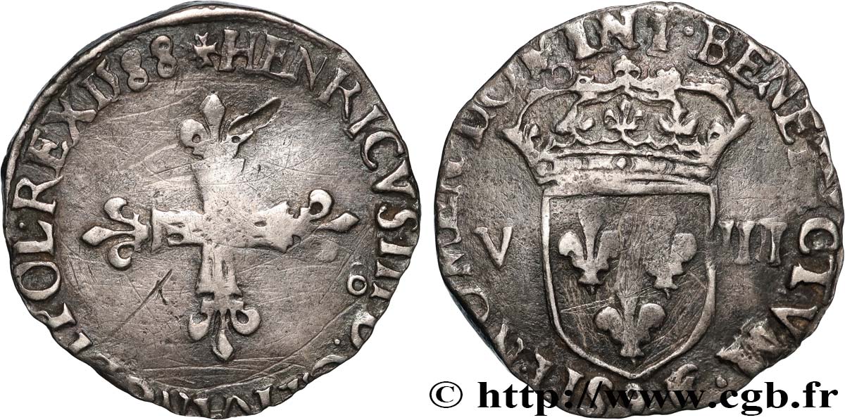 HENRY III Huitième d écu, croix de face 1588 Rennes VF