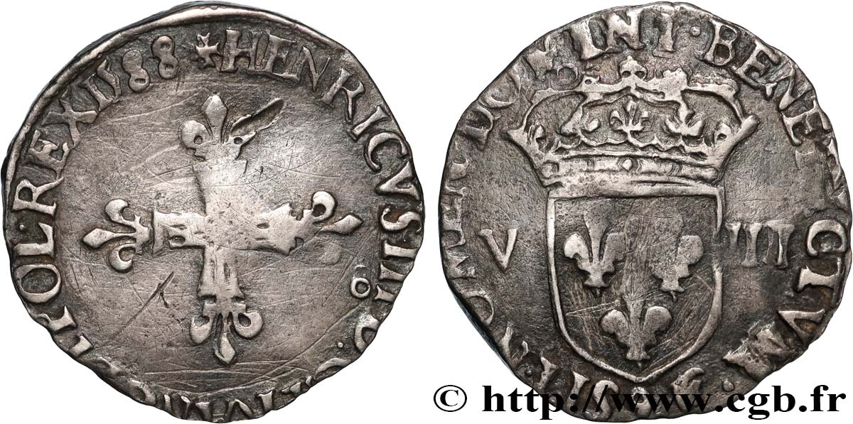 HENRY III Huitième d écu, croix de face 1588 Rennes q.BB