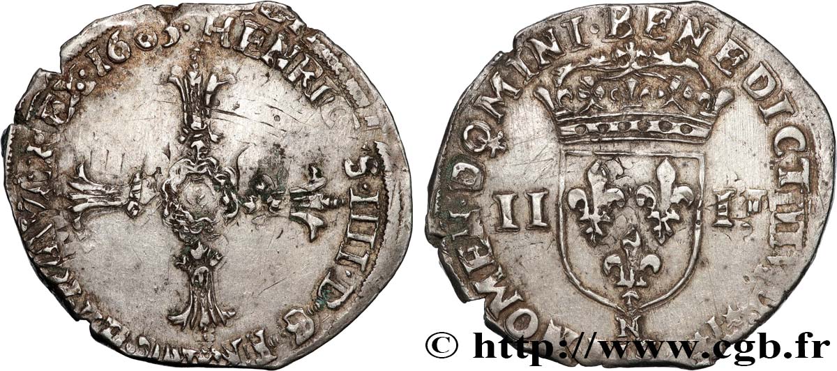 HENRI IV LE GRAND Quart d écu, croix feuillue de face 1603 Montpellier TB+