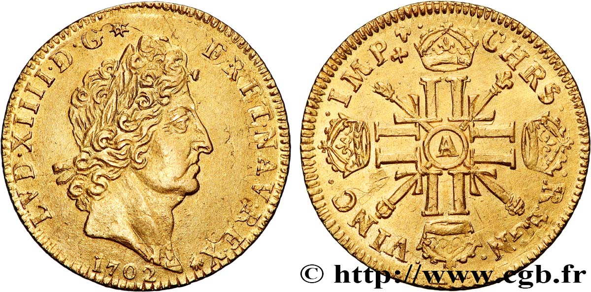 LOUIS XIV  THE SUN KING  Louis d’or aux huit L et aux insignes 1702 Paris VZ