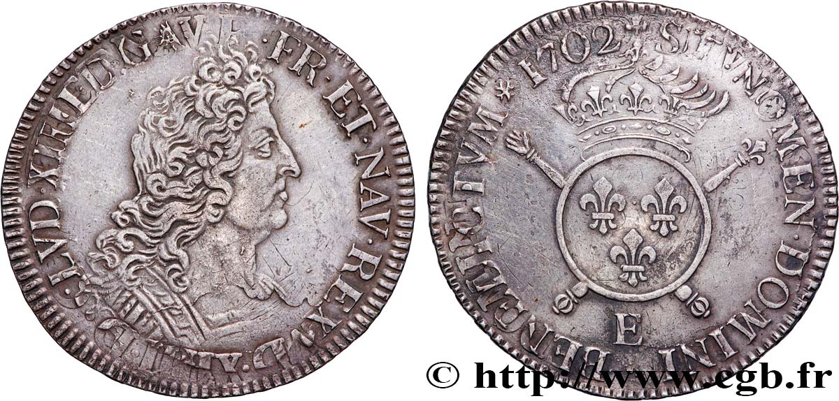 LOUIS XIV  THE SUN KING  Écu aux insignes 1702 Tours AU/AU