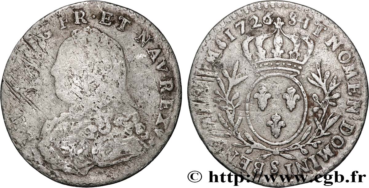 LOUIS XV THE BELOVED Dixième d’écu aux branches d’olivier, buste habillé 1726 Reims VF