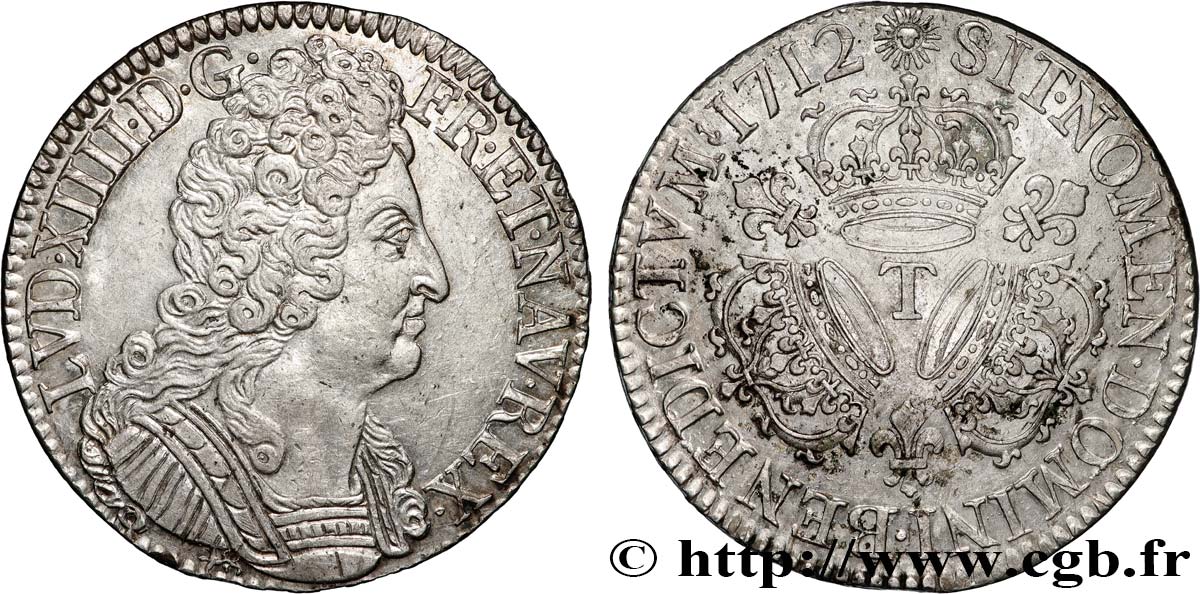 LOUIS XIV LE GRAND OU LE ROI SOLEIL Écu aux trois couronnes 1712 Nantes SUP