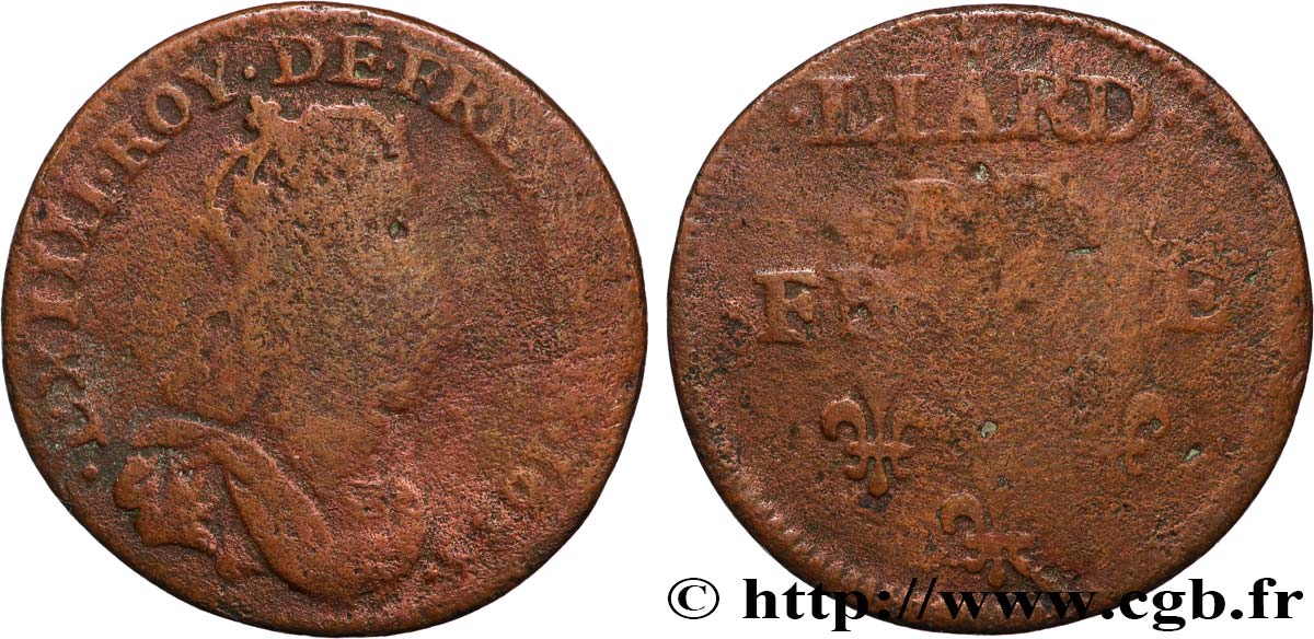 LOUIS XIV LE GRAND OU LE ROI SOLEIL Liard de cuivre, 2e type 1655  TB