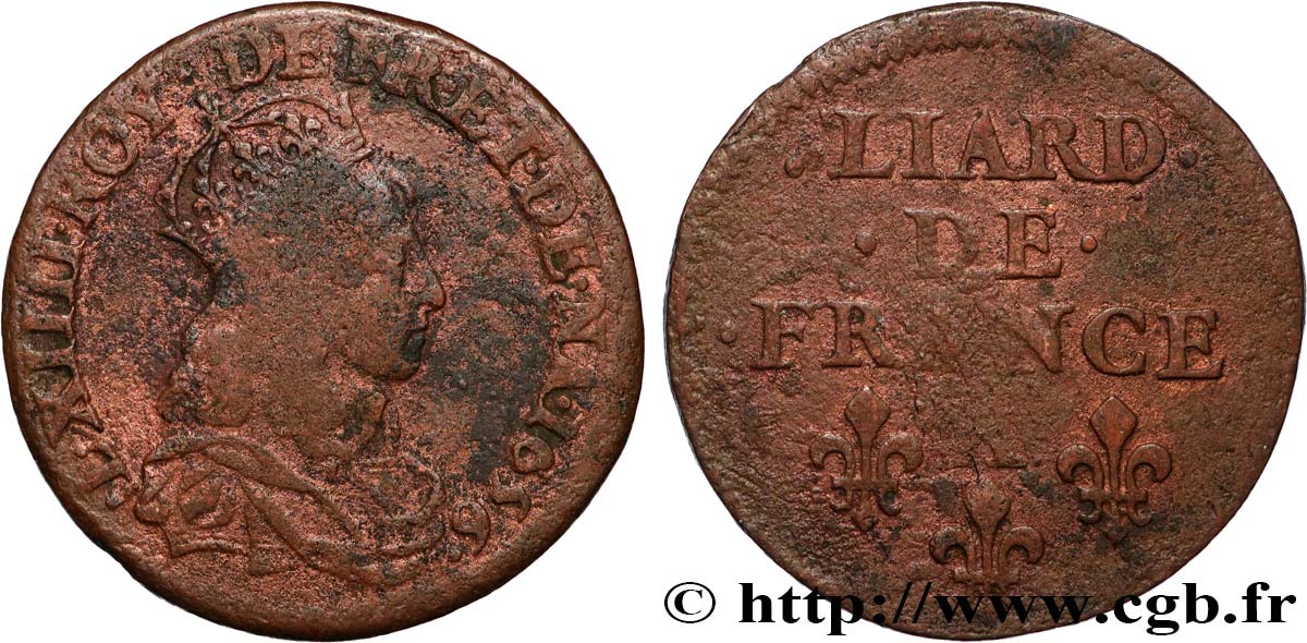 LOUIS XIV LE GRAND OU LE ROI SOLEIL Liard de cuivre, 2e type 1656 Corbeil TB