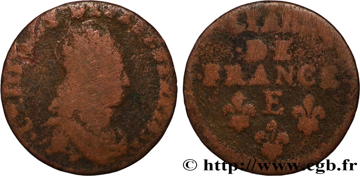 LOUIS XIV LE GRAND OU LE ROI SOLEIL Liard de cuivre, 2e type 1655 Meung-sur-Loire B+