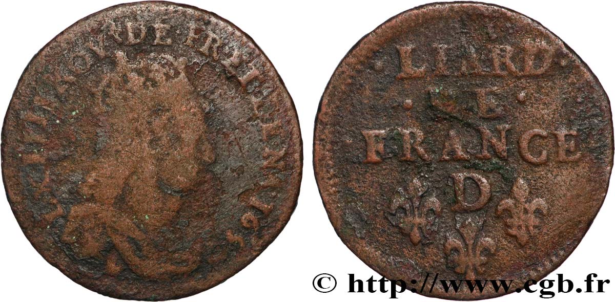 LOUIS XIV LE GRAND OU LE ROI SOLEIL Liard de cuivre, 2e type 1655 Vimy-en-Lyonnais (actuellement Neuville-sur-Saône) B+/TB