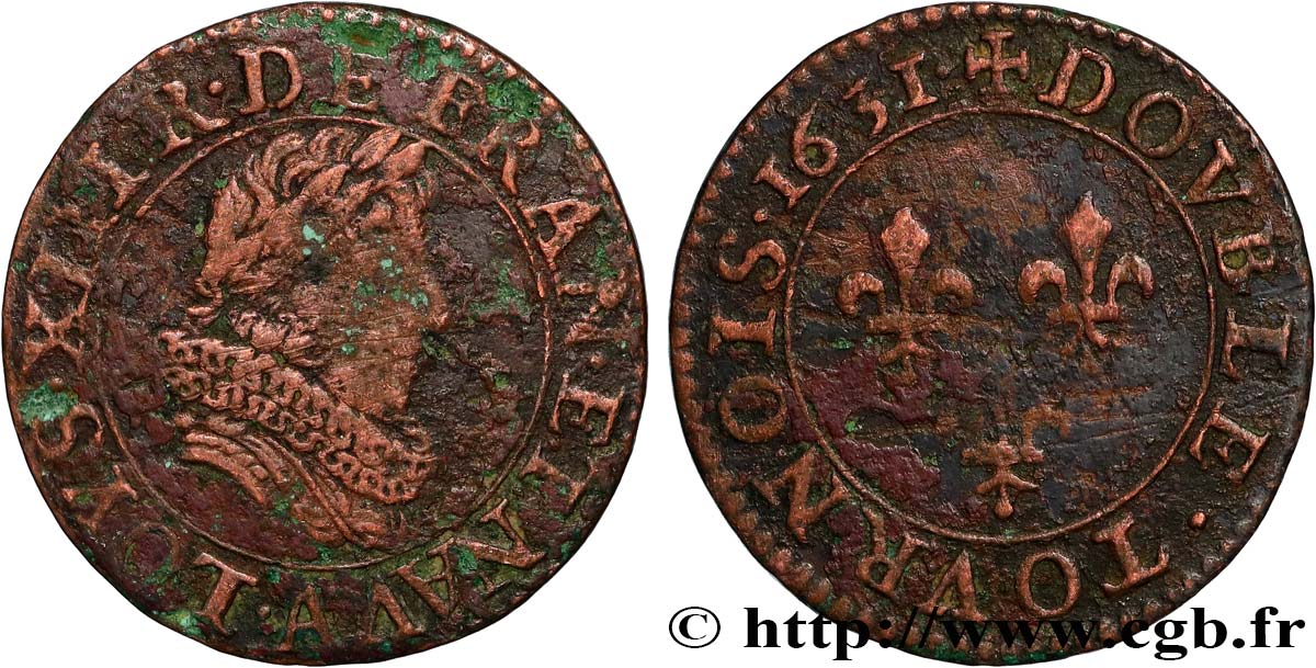 LOUIS XIII  Double tournois, type 5 1631 Paris VF