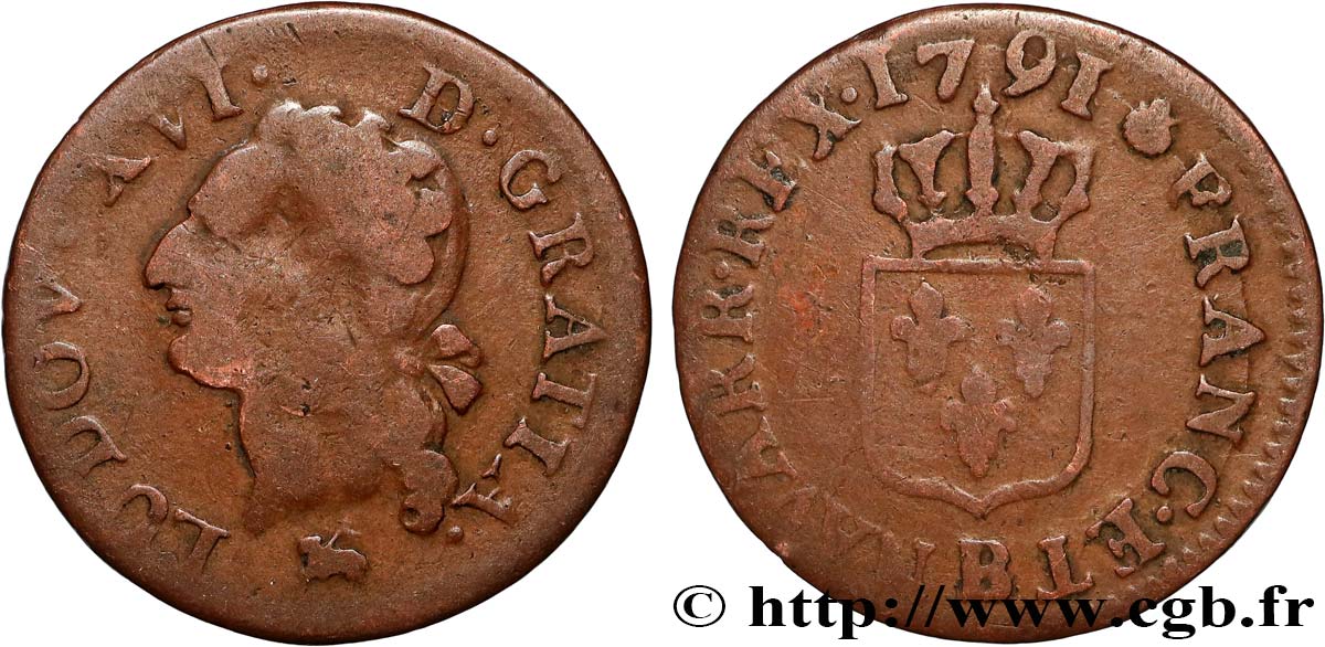 LOUIS XVI Liard dit  à l écu  1791 Rouen TB+