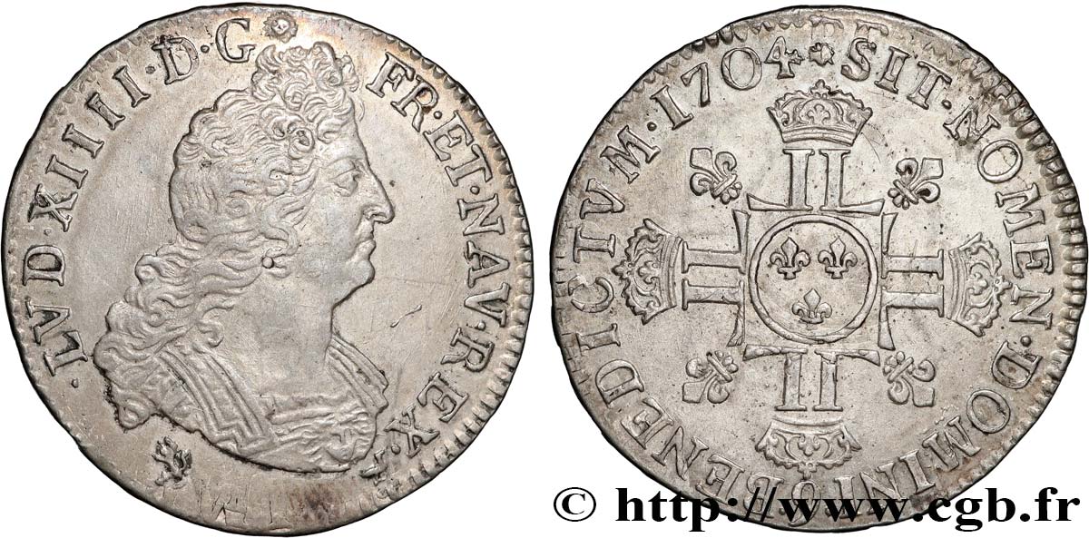 LOUIS XIV  THE SUN KING  Demi-écu aux huit L, 2e type 1704 Rennes q.SPL/SPL