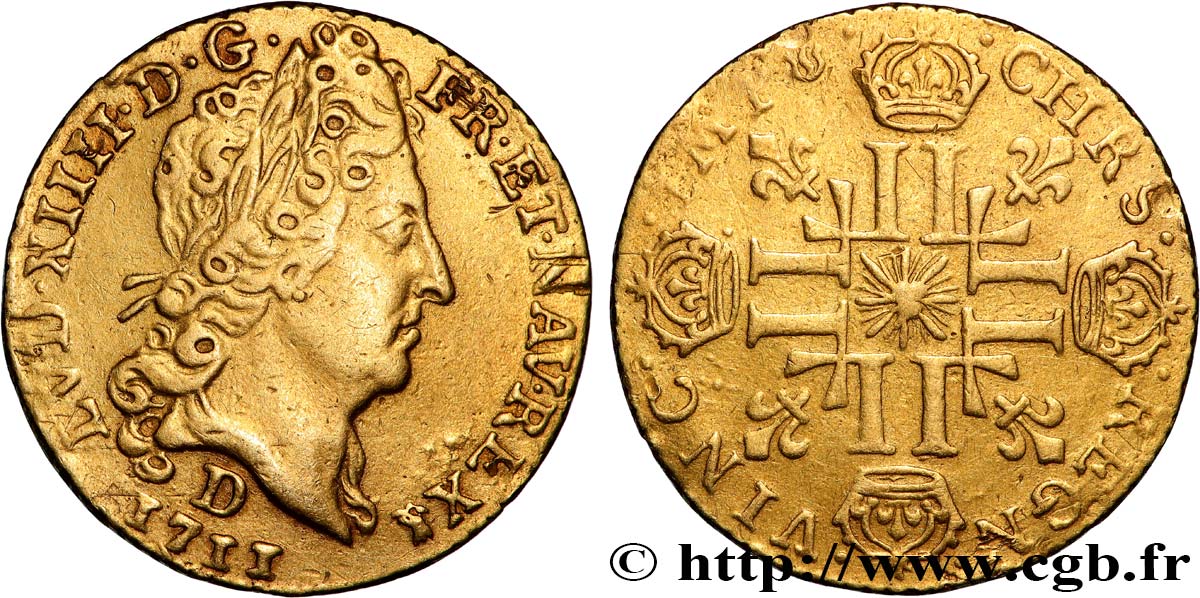 LOUIS XIV  THE SUN KING  Demi-louis d or au soleil 1711 Lyon XF