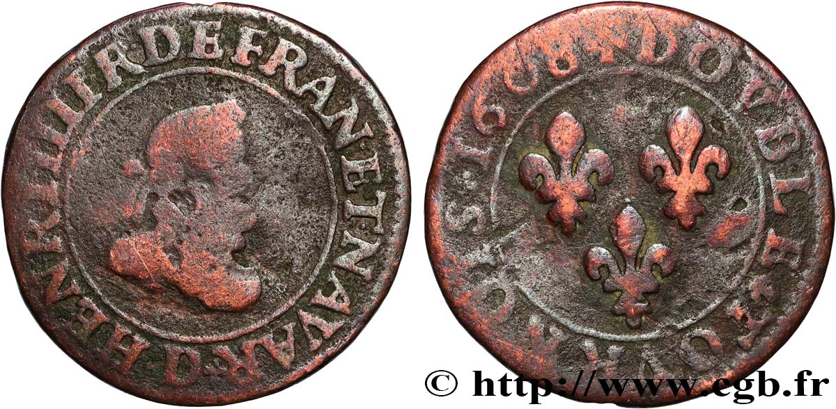 HENRI IV LE GRAND Double tournois, 1er type 1608 Lyon TB+