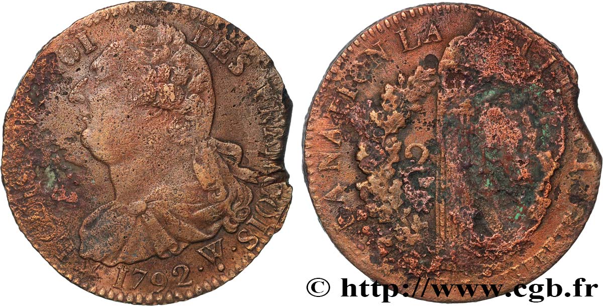 LOUIS XVI (MONARQUE CONSTITUTIONNEL)  2 sols dit &nbsp;au faisceau&nbsp;, type FRANCOIS 1792 Lille TB+