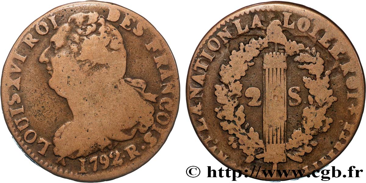 LOUIS XVI (MONARQUE CONSTITUTIONNEL)  2 sols dit &nbsp;au faisceau&nbsp;, type FRANCOIS 1792 Orléans TB