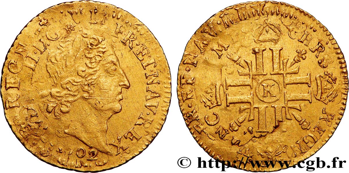 LOUIS XIV  THE SUN KING  Demi-louis d’or aux huit L et aux insignes 1702 Bordeaux q.BB