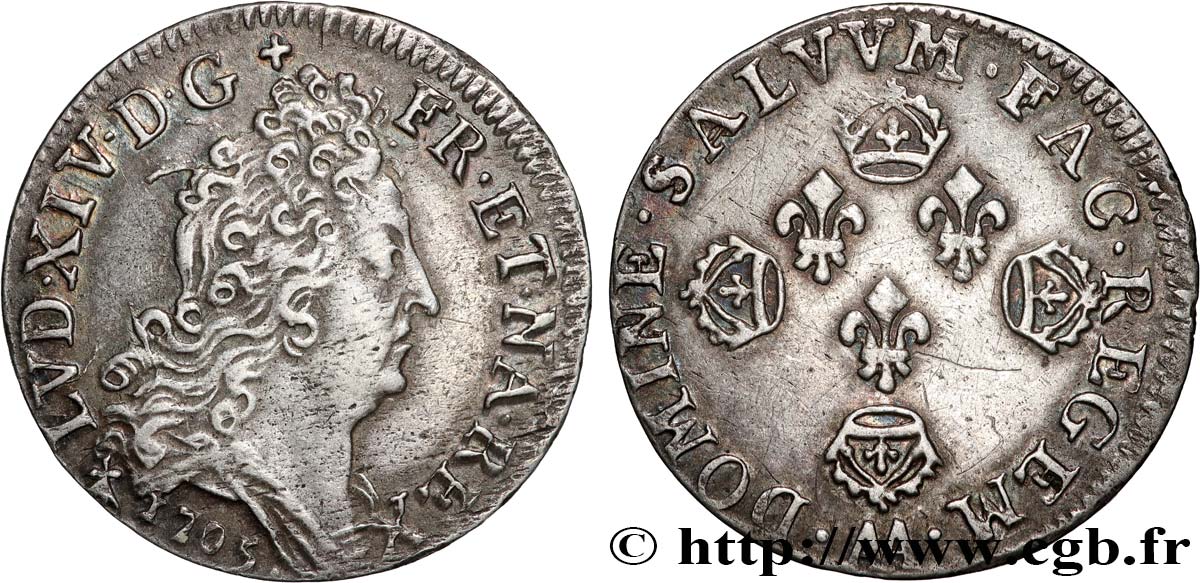 LOUIS XIV  THE SUN KING  Dix sols aux quatre couronnes 1705 Metz AU