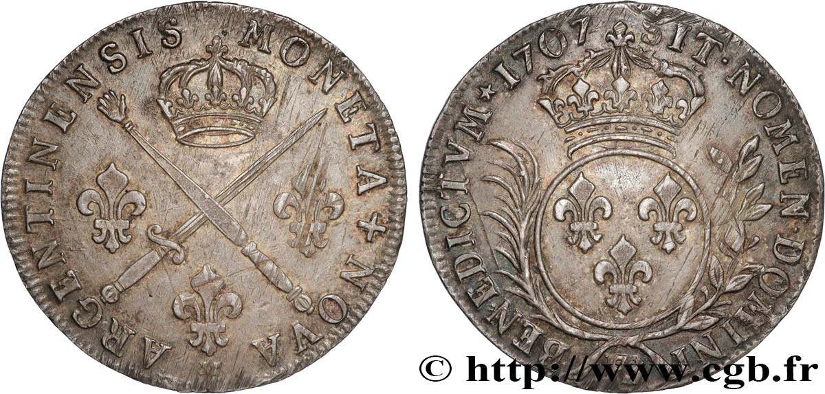 LOUIS XIV  THE SUN KING  Trente-trois sols aux insignes 1707 Strasbourg MBC+/EBC