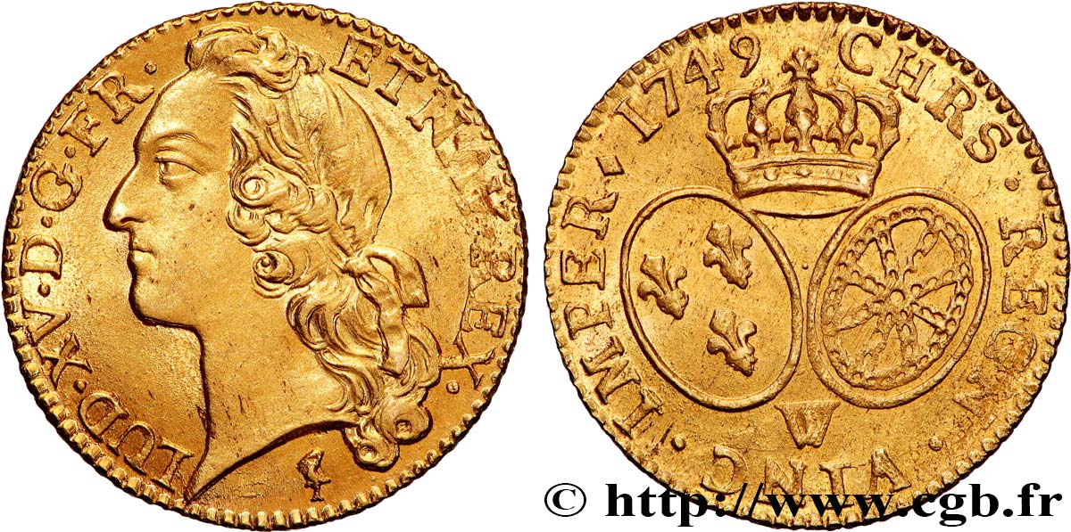 LOUIS XV THE BELOVED Louis d’or aux écus ovales, tête ceinte d’un bandeau 1749 Lille AU