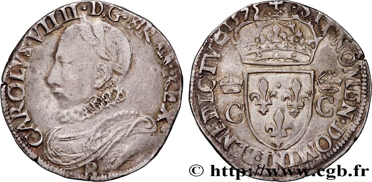 HENRY III. COINAGE IN THE NAME OF CHARLES IX Teston, 10e type 1575 Rouen XF/AU