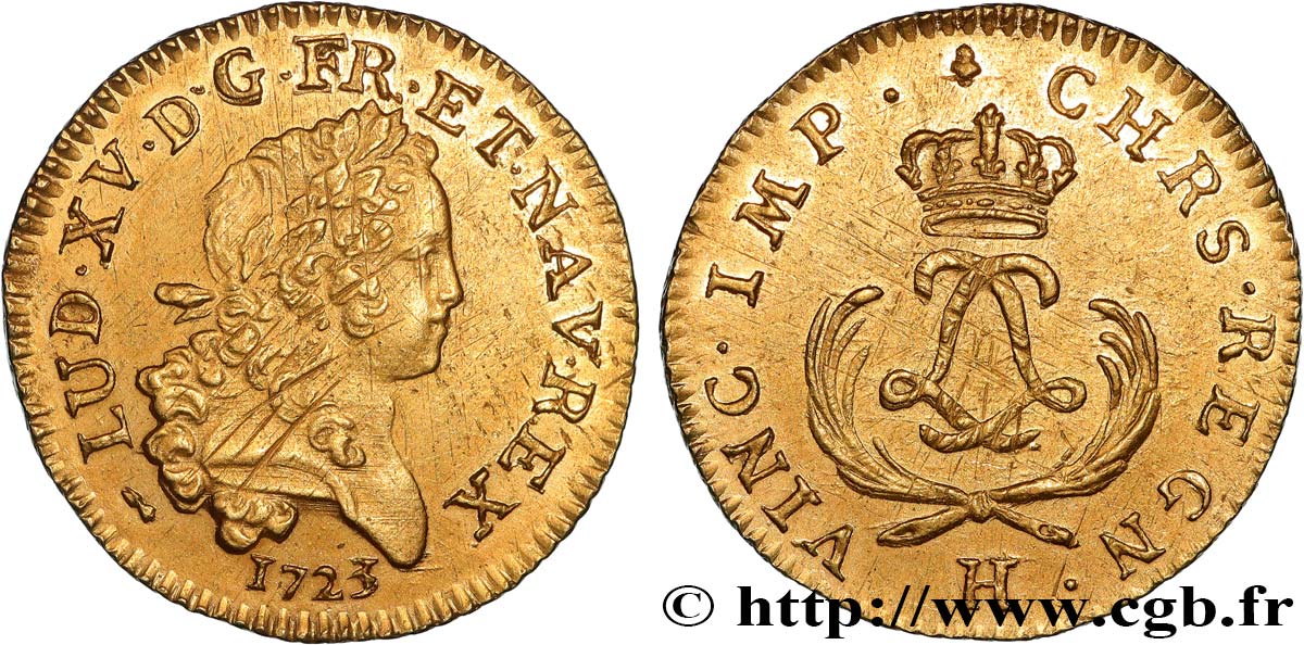 LOUIS XV  THE WELL-BELOVED  Louis d or aux deux L entrelacées et aux palmes courtes 1723 La Rochelle SPL