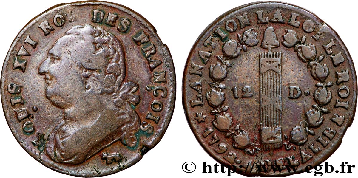 LOUIS XVI (MONARQUE CONSTITUTIONNEL)  12 deniers dit &nbsp;au faisceau&nbsp;, type FRANÇOIS 1792 Pau TB+/TTB