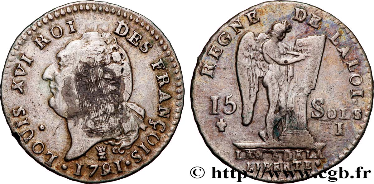 LOUIS XVI (MONARQUE CONSTITUTIONNEL)  15 sols dit &nbsp;au génie&nbsp;, type FRANCOIS 1791 Limoges TB/TB+