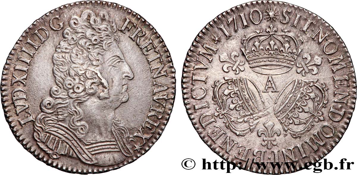 LOUIS XIV  THE SUN KING  Demi-écu aux trois couronnes 1710 Paris XF/AU