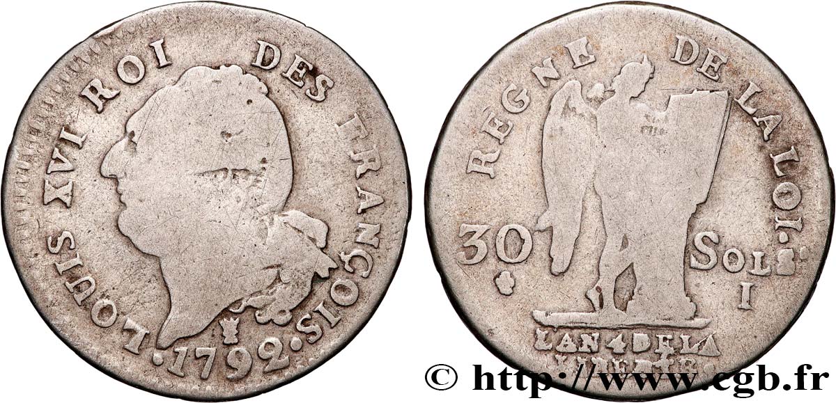 LOUIS XVI (MONARQUE CONSTITUTIONNEL)  30 sols dit  au génie , type FRANÇOIS 1792 Limoges TB+