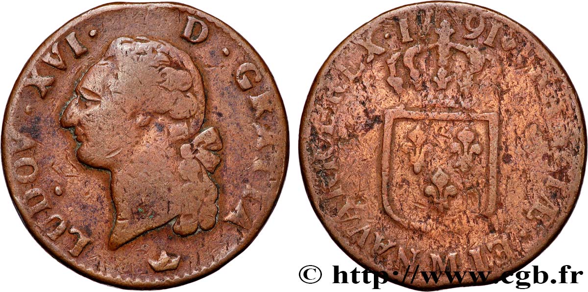 LOUIS XVI (MONARQUE CONSTITUTIONNEL)  Sol dit &nbsp;à l&nbsp;écu&nbsp; 1791 Toulouse TB