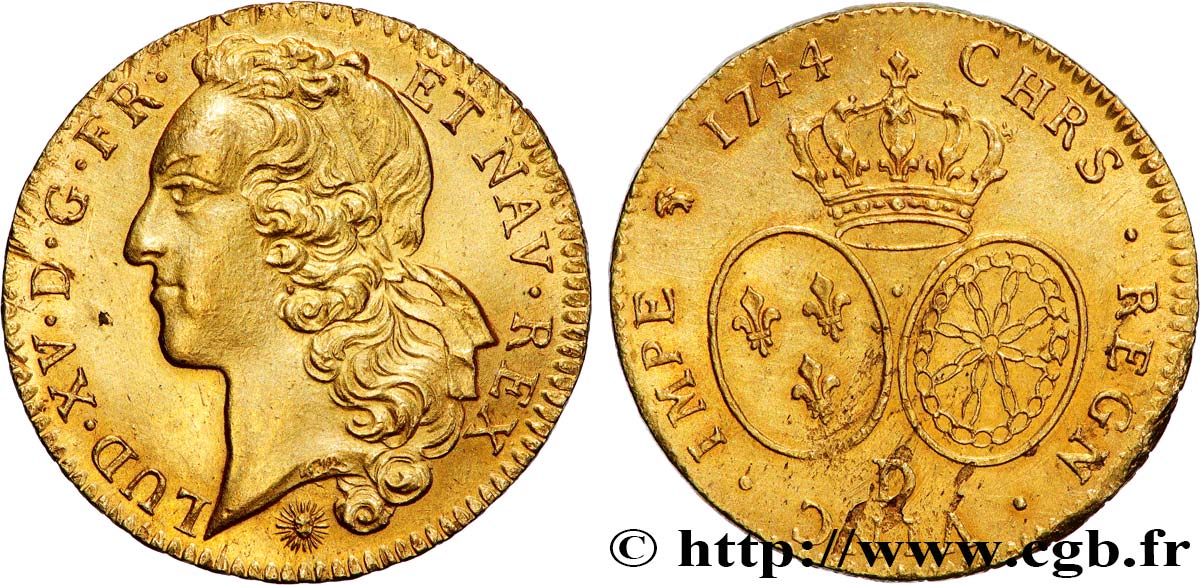 LOUIS XV THE BELOVED Double louis d’or aux écus ovales, tête ceinte d’un bandeau 1744 Lyon XF